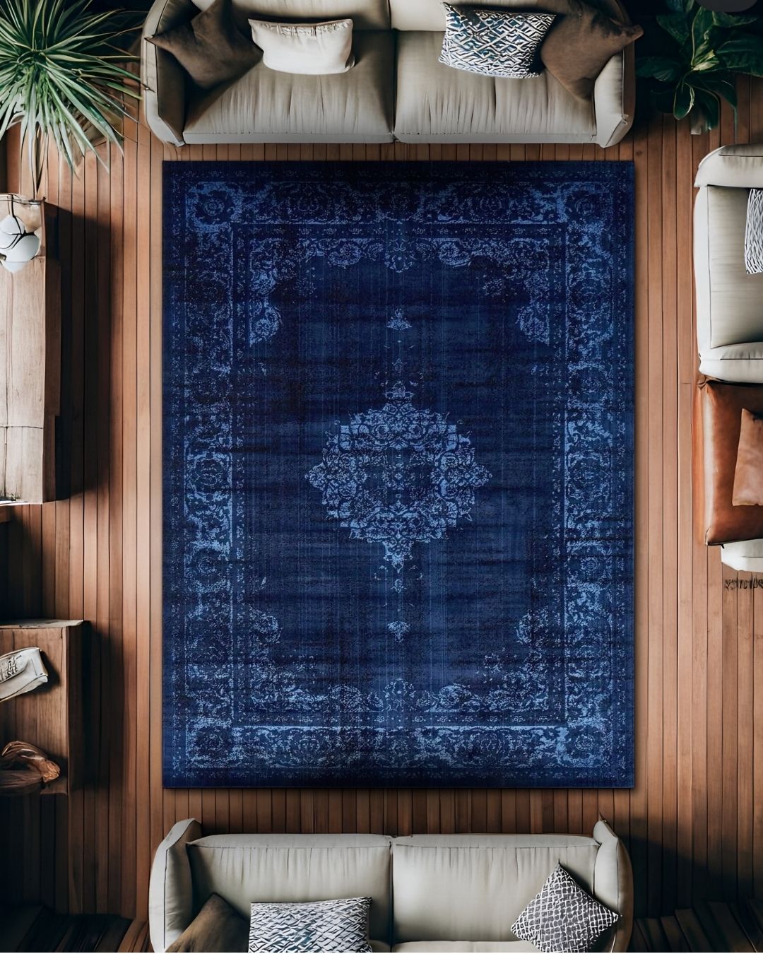 Hades - Vintage Serisi – Mavi Çiçekli Kadife Halı - OEKO-TEX Sertifikalı
