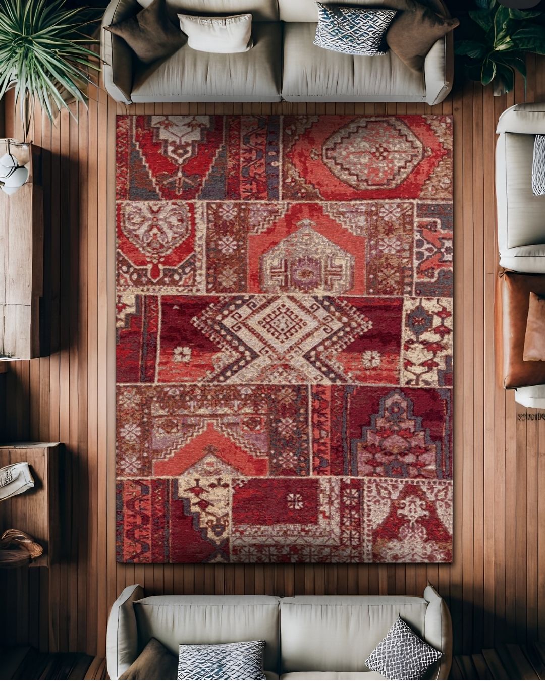 Karen - Patchwork Desenli Vintage Halı - Pamuk Dokuma Taban