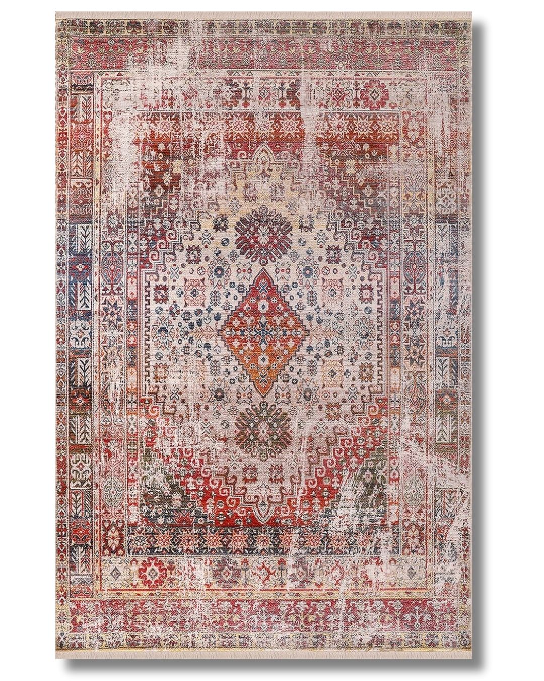 Hazel - Vintage Desenli Eskitme Halı - Kaymaz Pamuk Dokuma Taban & Yıkanabilir