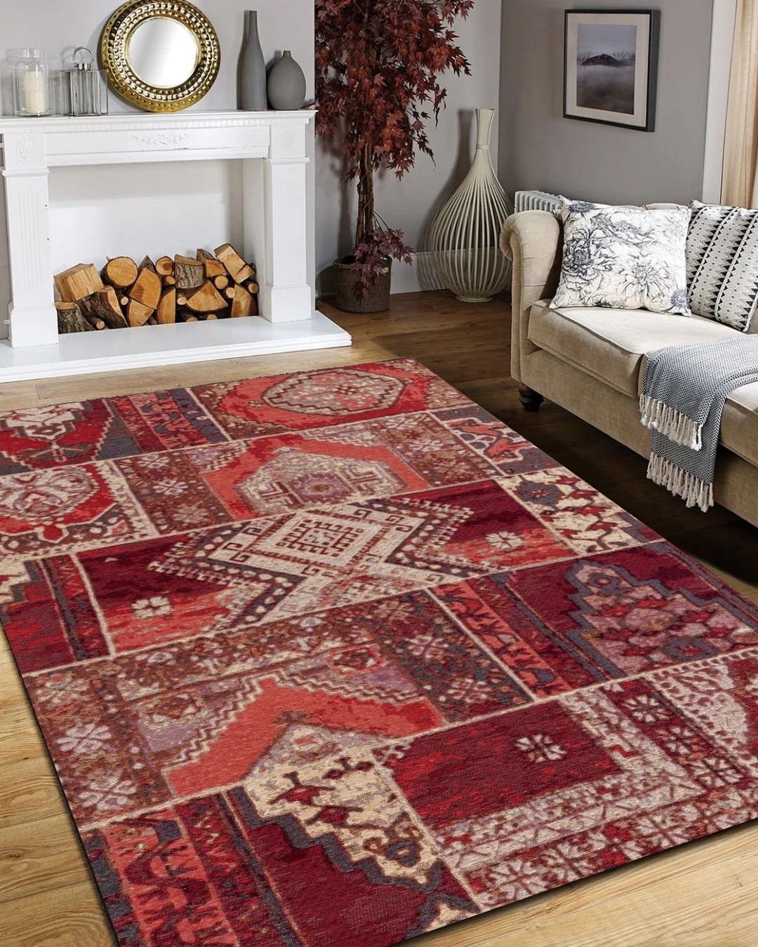 Karen - Patchwork Desenli Vintage Halı - Pamuk Dokuma Taban