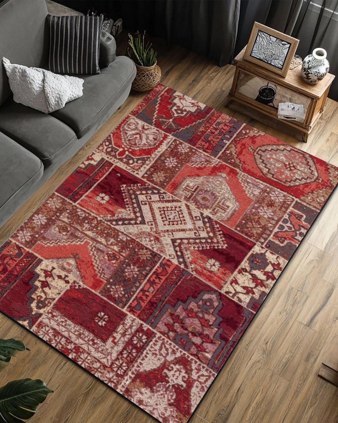 Karen - Patchwork Desenli Vintage Halı - Pamuk Dokuma Taban